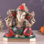 Pure Brass Ganesha with Stonework | 7.5" x 7" x 4" | 3.88 kg | Intricate Stone Inlay | Elegant Sacred Art | Temple Grade | Jaipurio